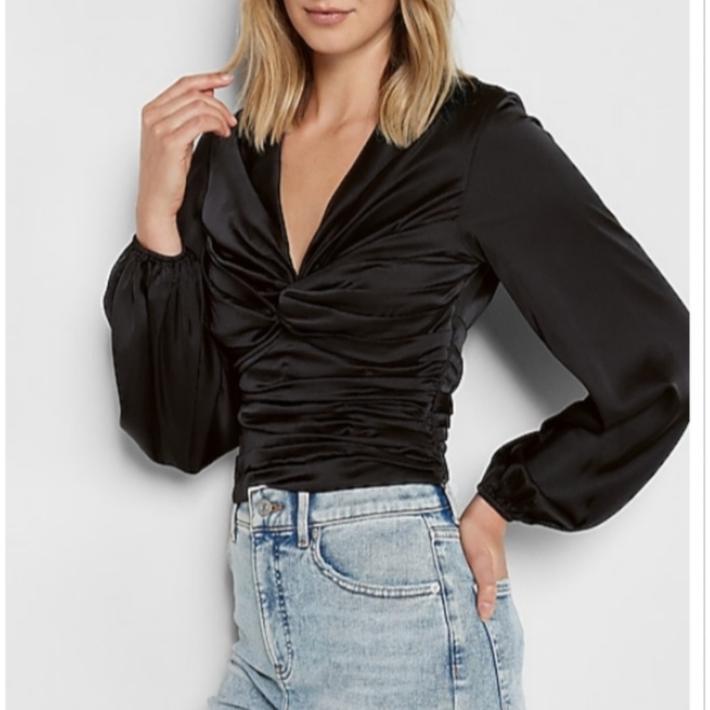 Express Black Satin‎ Shirt Blouse featuring ruched body twist front Medium